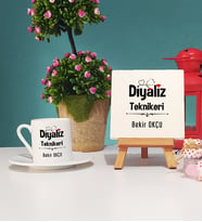 Diyaliz Teknikeri Tasarımlı Kişiye Özel Hediye Diyaliz Teknikeri Türk Kahvesi Fincanı ve Dekoratif Taş Baskı Seti
