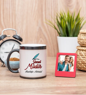 Genel Müdür Sihirli  Kupa Bardak ve Kırmızı Mini Çerçeve