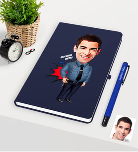 BK Gift Kişiye Özel Bay Polis Karikatürlü Lacivert Defter Kalem Seti - 3