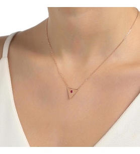 925 Ayar Rose Gümüş Kırmızı Taşlı Üçgen Kolye (Pembe)