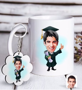 BK Gift Kişiye Özel Erkek Mezun Karikatürlü Beyaz Kupa ve Anahtarlık Hediye Seti-1 (Model 1)