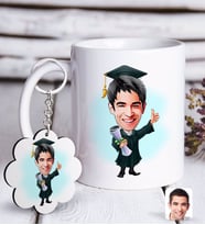 BK Gift Kişiye Özel Erkek Mezun Karikatürlü Beyaz Kupa ve Anahtarlık Hediye Seti-1 (Model 1)