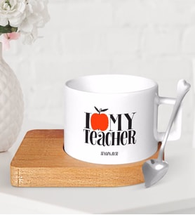BK Gift Kişiye Özel Öğretmenimi Seviyorum Ahşap Altlıklı Seramik Fincan-3 (Beyaz)