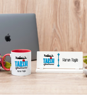 Tarih Öğretmeni Kırmızı Kupa Bardak Ve Masa İsimliği Hediye Seti