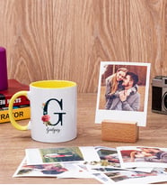 Baş Harfli ve İsimli Sarı Kupa Bardak ve Ahşap Standlı Polaroid Set