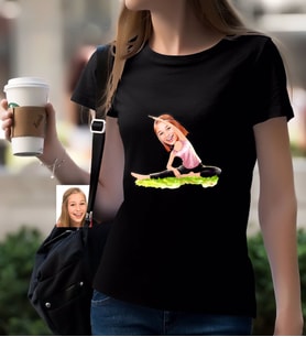 BK Gift Kişiye Özel Bayan Yoga Karikatürlü Siyah T-Shirt-1