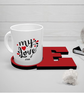 BK Gift Kişiye Özel Sevgili Temalı Beyaz Kupa ve Harfli Bardak Altlığı Seti - 81