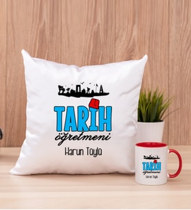 Tarih Öğretmeni Kare Yastık ve Kırmızı Kupa Bardak