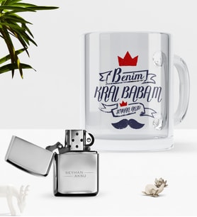 BK Gift Kişiye Özel Benim Kral Babam Cam Kupa Bardak Benzinli Metal Çakmak Seti (Model 1)