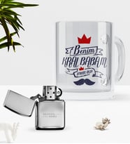 BK Gift Kişiye Özel Benim Kral Babam Cam Kupa Bardak Benzinli Metal Çakmak Seti (Model 1)