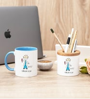 Erkek Diş Hekimi Karikatürü Mavi Kupa Bardak Ve Kalemlik Seti