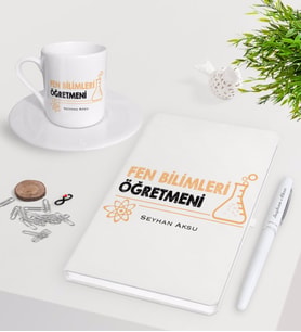 BK Gift Kişiye Özel Fen Bilimleri Öğretmeni Beyaz Defter Kalem Türk Kahvesi Fincanı Seti-4 (Model 1)