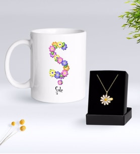 BK Gift Kişiye Özel Çiçek Temalı Harf Kupa ve Papatya Kolye Hediye Seti-22 (Model 1)