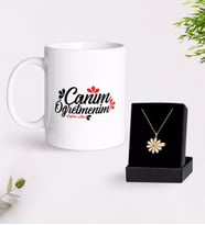 BK Gift Kişiye Özel Canım Öğretmenim Beyaz Kupa ve Papatya Kolye Hediye Seti-11 (Model 1)