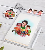 BK Gift Kişiye Özel Yeni Yıl Aile Karikatürlü Beyaz Defter Kalem ve Anahtarlık Hediye Seti-1 (Model 1)