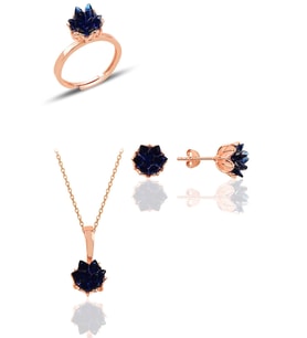 Söğütlü Silver Gümüş Lotus çiçeği modeli safir renkli taşlı üçlü set
