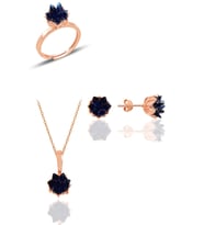 Söğütlü Silver Gümüş Lotus çiçeği modeli safir renkli taşlı üçlü set