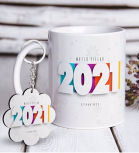 BK Gift Kişiye Özel 2024 Mutlu Yıllar Beyaz Kupa ve Anahtarlık Hediye Seti-5 (Model 1)