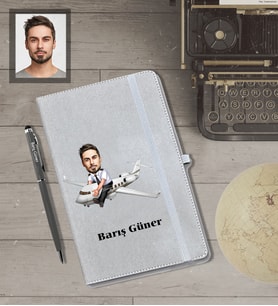 Kişiye Özel Pilot Karikatürlü Gri Defter Kalem Hediye Seti  Bay-1