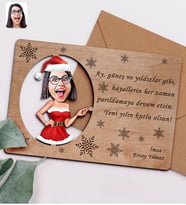BK Gift Kişiye Özel Bayan Karikatürlü Retro Ahşap Yılbaşı Tebrik Kartı - 2