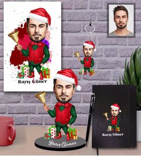 Kişiye Özel Yılbaşı Erkek Karikatürlü 5 li Hediye Seti Model-10