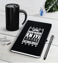 BK Gift Kişiye Özel Dünyanın En İyi Babası Siyah Defter Kalem Termos Mug Seti-5 (Model 1)