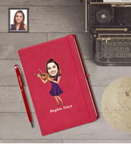 Kişiye Özel Kemancı Karikatürlü Kırmızı Defter Kalem Hediye Seti   Bayan-1