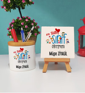 Mesajlı Sınıf Öğretmeni Kalemlik ve Dekoratif Taş Baskı Hediye Seti