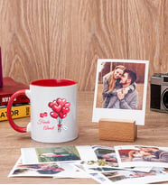 Sevgililere Özel Balon Tasarım Kırmızı Kupa Bardak ve Ahşap Standlı Polaroid Set
