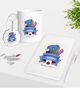 BK Gift Kişiye Özel Dünyanın En İyi Öğretmeni Kupa Anahtarlık Beyaz Defter Kalem Hediye Seti-23 (Model 1)