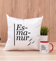 İsme Özel Heceli Kare Yastık ve Kırmızı Kupa Bardak