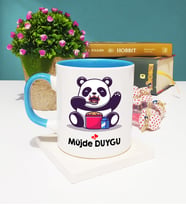 Sevimli Panda Tasarımlı Kişiye Özel Panda Kupa Bardak Mavi