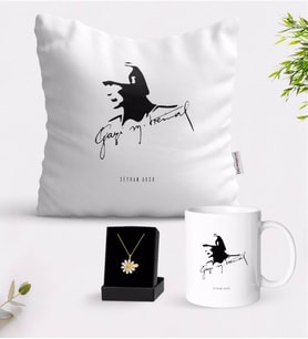 BK Gift Kişiye Özel Atatürk Temalı Beyaz Kupa Yastık ve İsimli Papatya Kolye Hediye Seti-27 (Model 1)