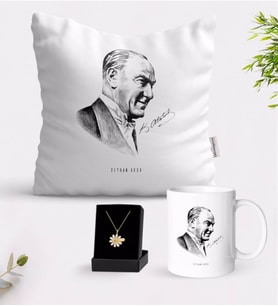BK Gift Kişiye Özel Atatürk Temalı Beyaz Kupa Yastık ve İsimli Papatya Kolye Hediye Seti-10 (Model 1)