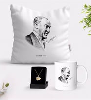 BK Gift Kişiye Özel Atatürk Temalı Beyaz Kupa Yastık ve İsimli Papatya Kolye Hediye Seti-10 (Model 1)