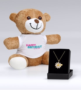 BK Gift Kişiye Özel İsimli Papatya Kolye ve Happy Birthday Peluş Ayıcık Hediye Seti-1 (Model 1)