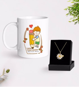BK Gift Kişiye Özel Canım Öğretmenim Beyaz Kupa ve Papatya Kolye Hediye Seti-4 (Model 1)