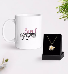 BK Gift Kişiye Özel Sınıf Öğretmeni Kupa Ve Papatya Kolye Hediye Seti-16 (Model 1)