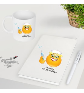 Kişiye ve İsime Özel Hemşire Emoji Beyaz Kupa Bardak Deffter Kalem Seti