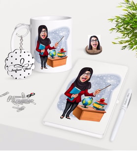 BK Gift Kişiye Özel Bayan Öğretmen Karikatürlü Kupa Anahtarlık Beyaz Defter Kalem Hediye Seti-7 (Model 1)