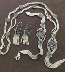 Midyat Hasır İşlemeli 925 Ayar Gümüş Bayan Üçlü Set