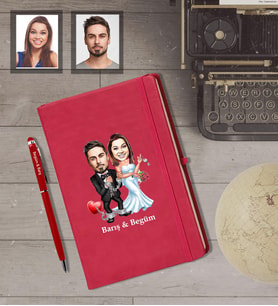 Kişiye Özel Gelin Damat Karikatürlü Kırmızı Defter Kalem Hediye Seti   Mod-7