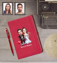 Kişiye Özel Gelin Damat Karikatürlü Kırmızı Defter Kalem Hediye Seti   Mod-7