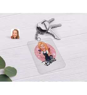 BK Gift Kişiye Özel Kadın Kuaför Karikatürlü Şeffaf Pleksi Anahtarlık-3 (Beyaz)