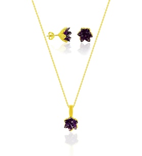 Lotus Çiçeği Küpe ve Kolyesi Sarı Yaldızlı Ametist Taşlı Gümüş Bayan SET-423