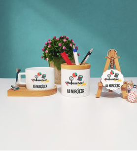 Muhasebeci Ahşap Altlıklı Fincan Kalemlik ve Ahşap Anahtarlık Seti