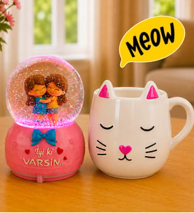 Friends Cat 3D Kedi Kupa & Arkadaşa İyi Ki Varsın Hediye Işıklı Kar Küresi