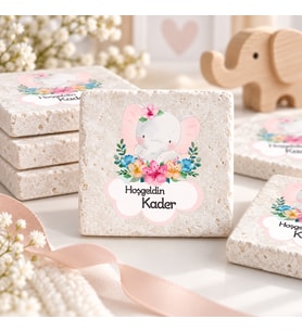 30 Adet Kişiye Özel Baskılı Doğal Taş Magnet 5x5cm Doğum Günü, Hoşgeldin Bebek (Beyaz)