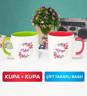 İkili Kişiye Özel İsim Yazılı Çiçek Tasarımlı Kupa Bardak Yeşil Kırmızı
