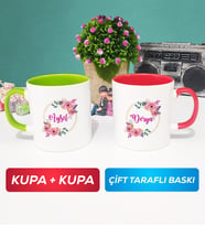 İkili Kişiye Özel İsim Yazılı Çiçek Tasarımlı Kupa Bardak Yeşil Kırmızı